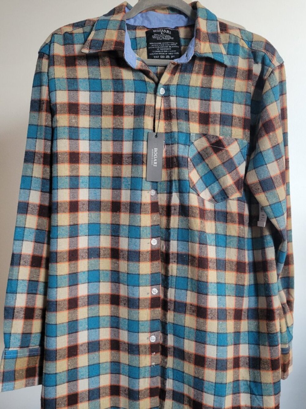 NWT Bogari Plaid Button-Down Flannel Shirt - Size L - Teal / Brown / Cream